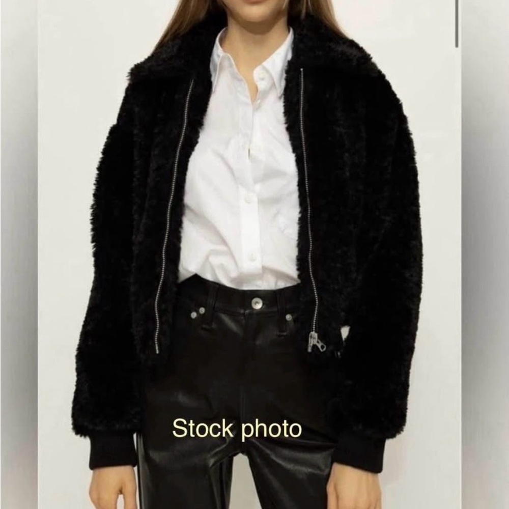 Plush Teddy Zip-Up Bomber Jacket in Black